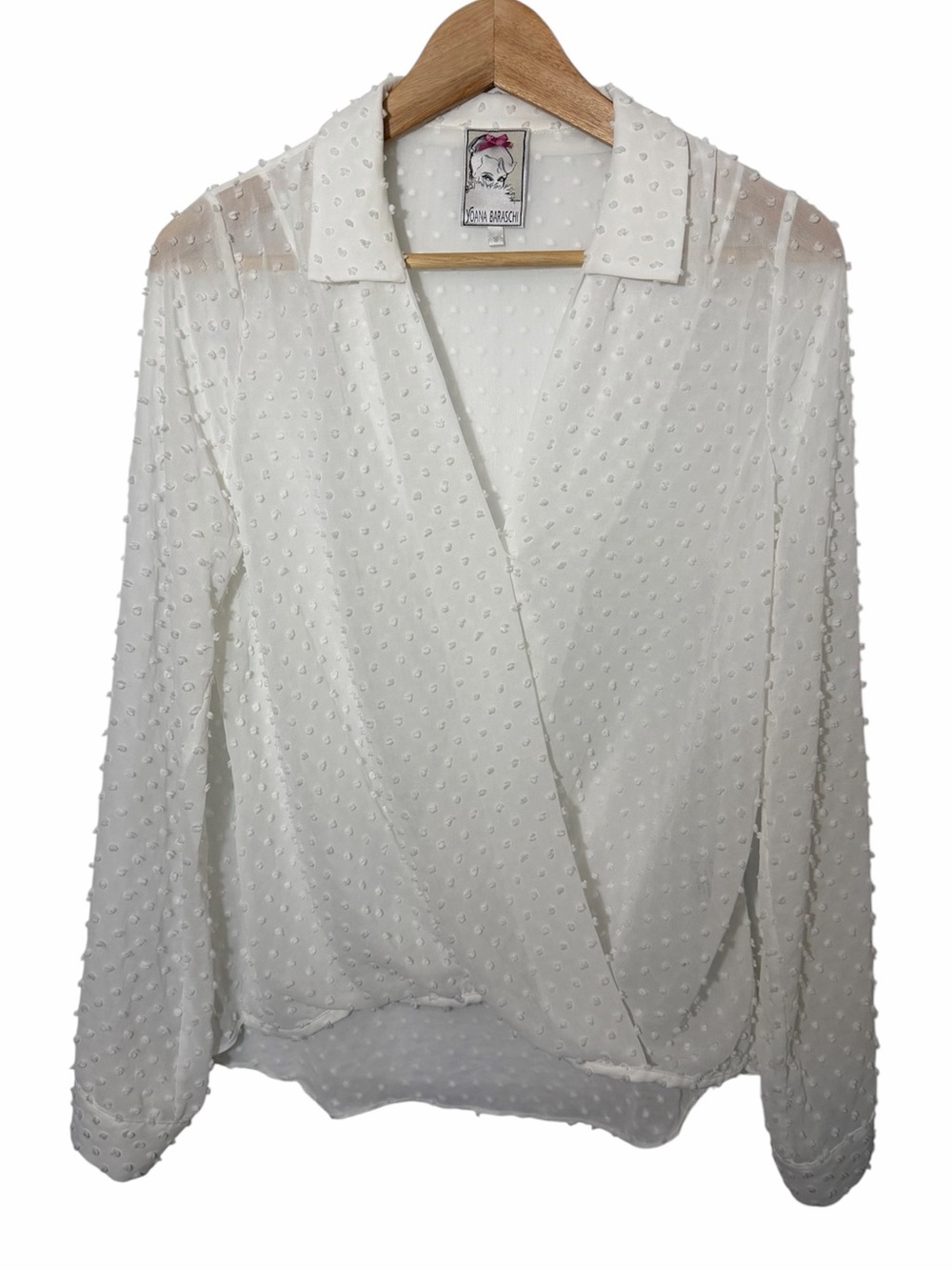 Yoana Baraschi Faux Wrap Top Womens Size S White Swiss Dot Sheer Long Slv Hi Low